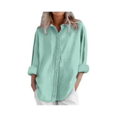 Imagem de Camisa Casual Feminina De Algodão E Linho Manga Longa Cor Sólida Com B