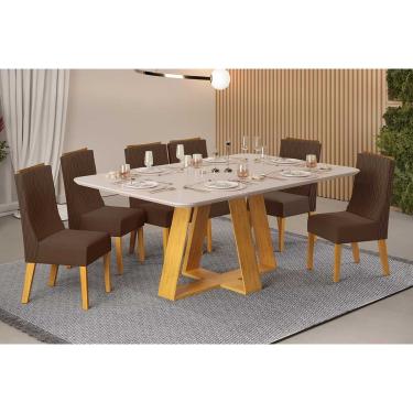 Imagem de Conjunto: Mesa Sala Jantar Celeste c/ Tampo Madeirado c/ Vidro Curvo 160x90cm e 6 Cadeiras Jade Cedro/Off White - Suede Moca - DJ Móveis