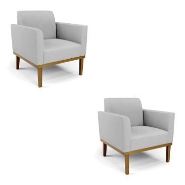 Imagem de Kit 2 Poltronas Decorativas Pés Fixo Em Madeira Castanho Linho Cinza