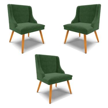 Imagem de Kit 3 Cadeiras Decorativas Sala De Jantar Pés Palito De Madeira Firenze Suede Verde Esmeralda/natural G19 - Gran Belo
