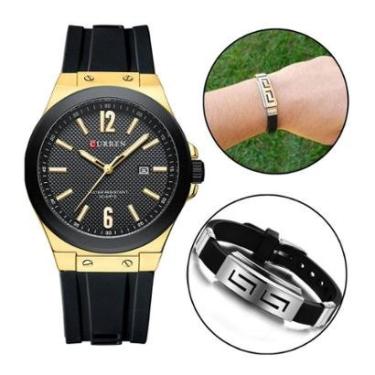 Imagem de Kit Relógio Masculino Dourado Quartzo Luxo + Bracelete Metal-Masculino