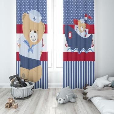 Imagem de Cortina Tecido Oxford Quarto Infantil Ursinho Marinheiro - 140x220cm -