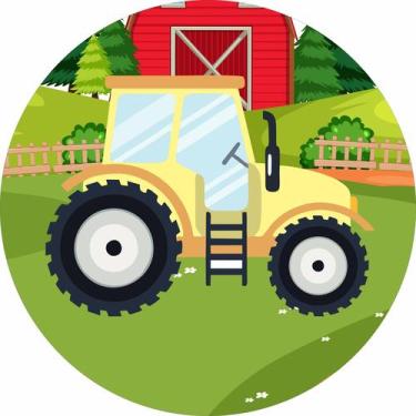 Imagem de Painel de Lona Redondo Trator Amarelo Fazenda Celeiro Vermelho - Fabri
