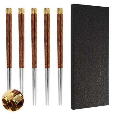 Imagem de Hashi Hashis de Aço Inoxidável 304 com Cabo de Madeira Dourada Tpc para Refeições em Ma...