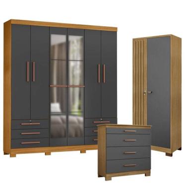 Imagem de Guarda Roupa Casal Londres com Espelho com Cômoda 4 Gavetas New e Armário Multiuso Vers...