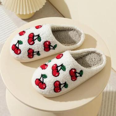 Imagem de Pantufas Femininas De Pelúcia Macias Com Cerejas, Fofas E Confortáveis