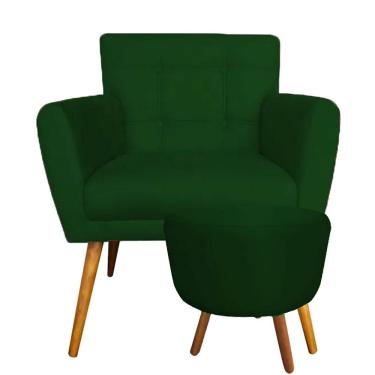 Imagem de Combo Poltrona Decorativa Onix com Puff Redondo Pés Madeira Suede Verde