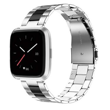 Imagem de Wearlizer Compatível com Aço Inoxidável para Fitbit Versa/Versa 2/Versa Lite/Versa SE Bands Feminino Masculino, Ultra Fino, Leve Compatível com Substituição para Fitbit Versa, Black+Silver