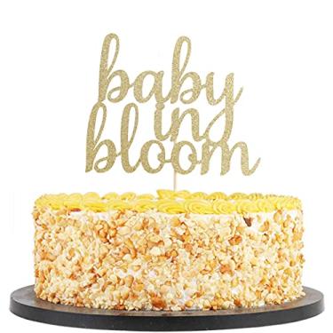 Imagem de Topo de bolo dourado Baby in Bloom - Topo de bolo de bebê com lantejoulas brilhantes jovens, cartola de festa infantil ao ar livre, decoração de bolo de chá de bebê, decoração de chá de bebê