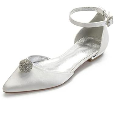 Imagem de Sapatos de casamento para noivas mulheres sapatilhas sapatilhas com fivela de cetim bico redondo sapatos com strass 36-43,Ivory,5 UK/38 EU