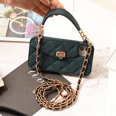 Imagem de Bolsa Carteira Bolsa Crossbody para iPhone 13 12 Mini 11 Pro Xs Max XR 6 8 7 Plus Slot de Cartão Bolsa Capa de Silicone com Corrente Correia, Verde Escuro, Para iPhone 12Mini