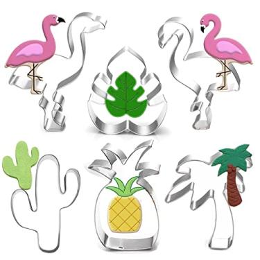 Imagem de Conjunto de cortadores de biscoito havaianos - 6 peças - moldes de cortadores de biscoito de cacto, abacaxi, flamingo, folha de monstera e palmeira - moldes tropicais para decorações de festa de verão na praia tropical