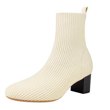 Imagem de GATUXUS Bota feminina de salto médio grosso cano baixo bico fino bota de malha estilo meia botas casuais sapatos quentes (marfim, numeric_6_point_5), Marfim