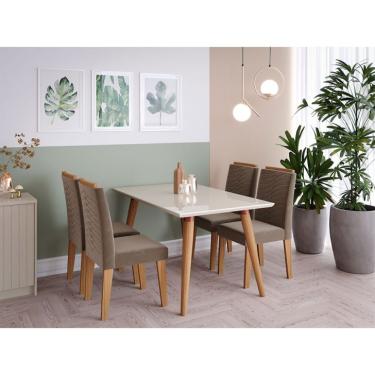 Imagem de Conjunto de Mesa de Jantar Adele com Tampo de Vidro Off White e 4 Cadeiras Estofadas Clarice Suede Joli e Madeira
