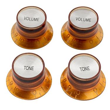 Imagem de Musiclily Pro Polegadas Reflector Knobs Guitarra Top Hat 2 Volume 2 Tone para EUA Estilo Les Paul SG, Âmbar com Topo Prateado(4 Peças)