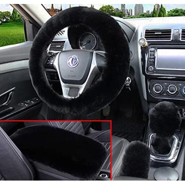 Imagem de Dotesy 4 peças/conjunto de capa de volante de carro de lã sintética fofa e capa de console central de automóvel peluda e capa de alavanca de câmbio de engrenagem e capa de freio de mão universal quente inverno (preto)