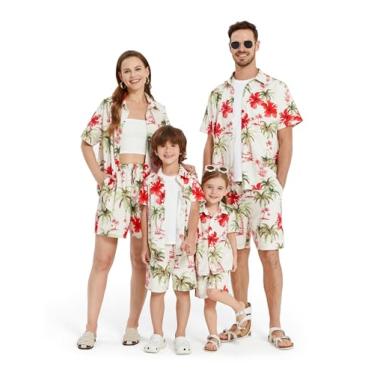Imagem de PATPAT Roupas para a família combinando para casais havaianos de verão fofas férias tropicais coqueiro e estampa de flores vermelhas camisas de praia e shorts roupas de cruzeiro para mulheres 2024 GG,