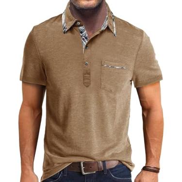 Imagem de Aulemen Camisa polo masculina casual manga curta botão clássico camisa básica gola xadrez camisetas de algodão tops de golfe elegantes, Caqui, XXG