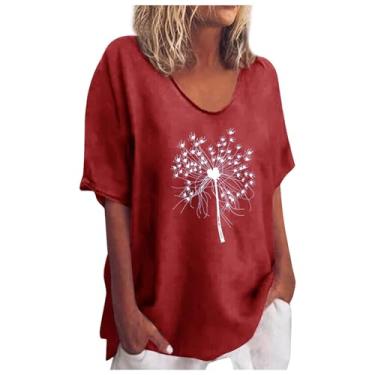 Imagem de PKDong Camiseta feminina de linho com estampa floral vintage gola redonda solta algodão linho camisetas plus size, A02 Vermelho, GG