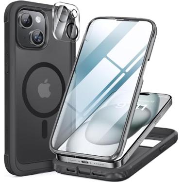Imagem de Miracase Capa magnética para iPhone 15 Plus de 6,7 polegadas [compatível com Magsafe] Capa de celular militar à prova de quedas 15 Plus com protetor de tela de vidro temperado 9H integrado - preto