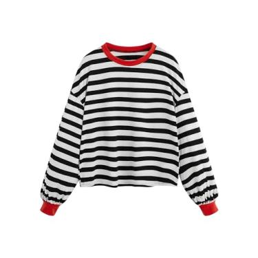 Imagem de SweatyRocks Camiseta feminina casual de manga comprida listrada cropped camiseta casual, Preto, branco, vermelho, M