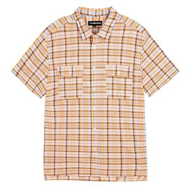 Imagem de FastRockee Camisetas masculinas xadrez de botão de manga curta, Xadrez amarelo, G