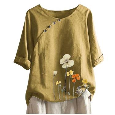 Imagem de Lainuyoah Camisetas femininas plus size gráfico moderno verão 2024 blusa gola redonda manga curta linho estampa floral, A cáqui, M