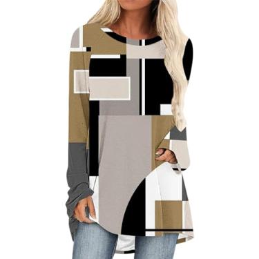 Imagem de Blusas femininas fashion 2024 Color Block manga longa gola redonda casual camisas soltas camisetas para sair outono camiseta básica, Caqui, GG