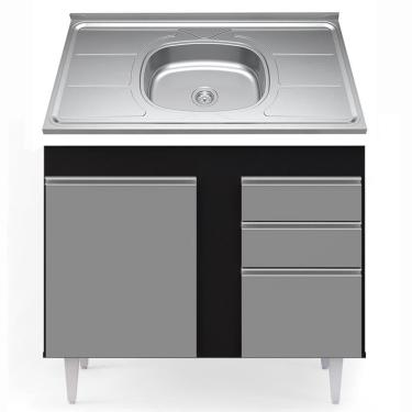 Imagem de Balcão Com Pia Inox 100cm 3 Portas 2 Gavetas Preto/Cinza