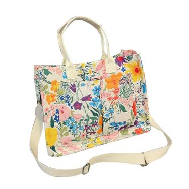 Imagem de mcuvaec Bolsa feminina cereja de lona remendada bolsa de ombro fofa bolsa de ombro com vários bolsos para viagens de trabalho, Flor de rosa, One Size