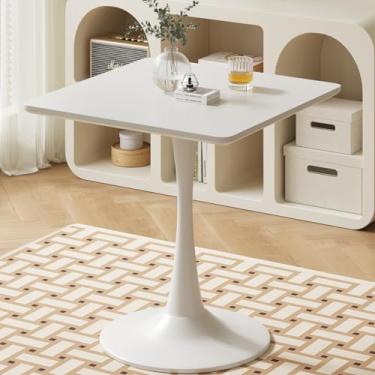 Imagem de Mesa de tulipa quadrada branca para 2 pessoas, pequena mesa de jantar de 61 cm com base de pedestal de metal para cozinha, mesa moderna de meados do século com cantos arredondados para sala de estar,