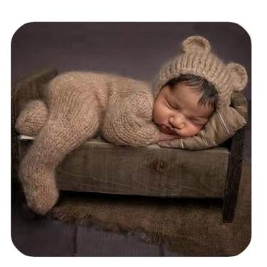Imagem de Ederafoto 2 peças de adereços para fotografia de recém-nascidos para meninos posando roupas de bebê sessões de fotos fantasia menina crochê urso gorro macaquinho, Caqui, suit for 0-1 month babies