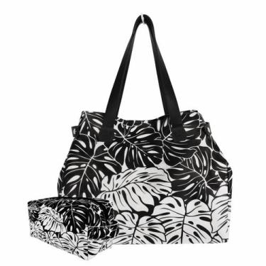 Imagem de Bolsa Feminina e Necessaire Folhagem Preta e Branca Magicc Bolsas