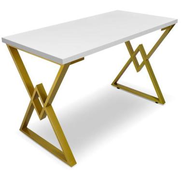 Imagem de Mesa P/ Escritório Jantar Gamer Ouro 1,00x0,60 Em Aço Tampo Em Madeira