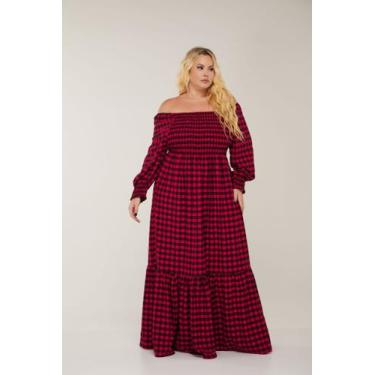 Imagem de Vestido Longo Xadrez Plus Size Manga 3/4 Meia Estação Moda Evangélica 