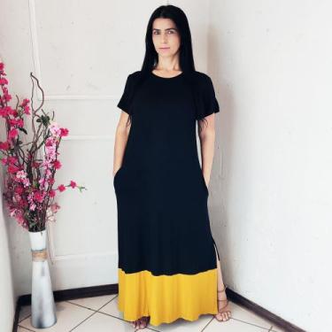 Imagem de Vestido Plus Size Longo Manga Viscolycra Malha com Bolso Bicolor Preto