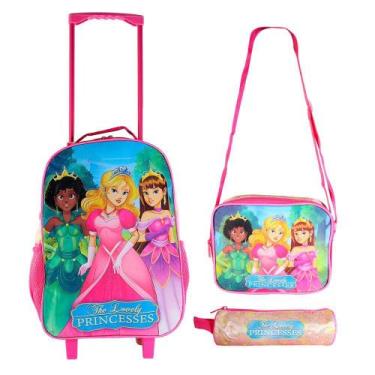 Imagem de Kit Mochila Infantil 15 Litros com Rodinha Tema Princesa Rosa Escolar 
