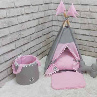 Imagem de Cabana Cesto Organizador Pet Toca Cinza Cama Pet Almfada Rosa PP - NIK