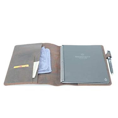 Imagem de JJNUSA Compatível com capa inteligente Rocketbook de couro genuíno para Everlast, Fusion, Wave, Moleskin A5 com alça para caneta e suporte de cartão de visita, executivo 15 x 22 cm, marrom escuro