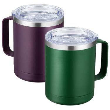 Imagem de Caneca de café com alça MEWAY, 350 ml, copo térmico de viagem de aço inoxidável com tampa deslizante, copo com isolamento a vácuo e parede dupla para bebidas quentes e frias (verde floresta e ameixa