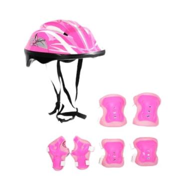 Imagem de menolana Conjunto de capacete de bicicleta infantil com joelheiras, capacete multiuso de skate com protetores de pulso para esportes de skate, crianças e, Rosa