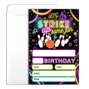 Imagem de Wybgno Convite para festa de aniversário Strike Bowling 20 Bowling Theme Party Neon Party Convite de aniversário com envelopes para meninos meninas cartões de convite de festa -4 × 6 polegadas -B015