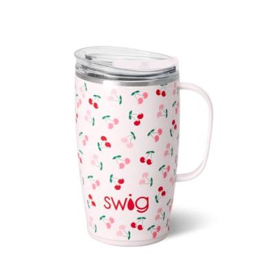 Imagem de Swig Life Caneca de viagem de 510 g, copo isolado com alça e tampa, suporte para copo, seguro para lava-louças, aço inoxidável, xícara de café de viagem (torta de cereja)