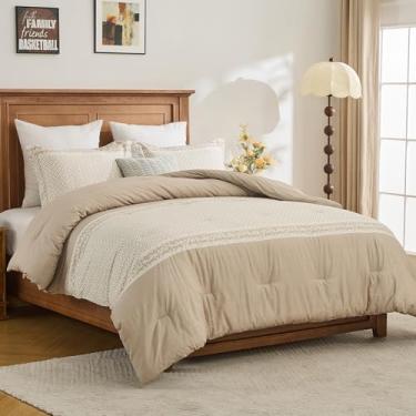 Imagem de FineStichery Conjunto de edredom Queen Size – Conjunto de cama 100% algodão luxuoso, edredom geométrico boêmio, moderno, 3 peças, leve, reversível, macio, acolchoado, 228 x 228 cm, marrom