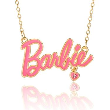 Imagem de Barbie Colar, 40 cm + 5 cm banhado a ouro amarelo 18 k com cristal rosa para mulheres, joia oficialmente licenciada