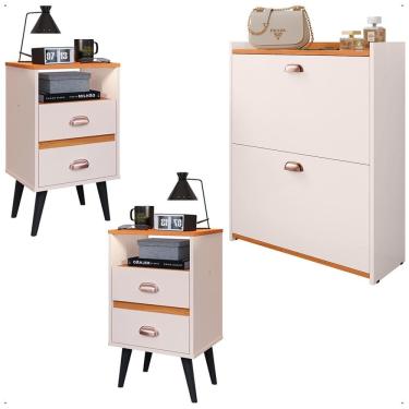 Imagem de Kit 2 Mesas Cabeceira Classic Nicho Organizador Sapateira Gavetas Basculante Porta 12 Pares Calçados Closet Off White/Cinamomo - Lojas RPM