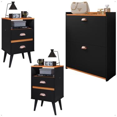 Imagem de Kit 2 Mesas Cabeceira Classic Nicho Organizador Sapateira Gavetas Basculante Porta 12 Pares Calçados Closet Preto/Cinamomo - Lojas RPM