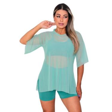 Imagem de Blusao Tule Feminina Fitness Academia Manga Curta Verde - Rogers Shopp
