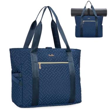 Imagem de LASUK Bolsa de ombro feminina com zíper quadriculado para laptop, bolsa de ginástica com tapete de ioga, para academia, trabalho, viagens, loja, Azul marinho, 16'' x 6'' x 13''