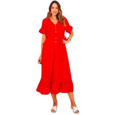Imagem de Vestido midi manga curta em algodão texturizado com forro elegante - S
